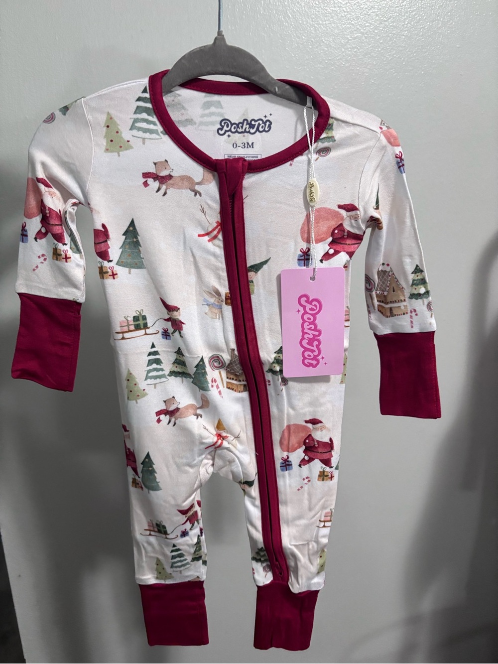 Posh White One-Piece Bodysuit with Berry Trim and Holiday Print
